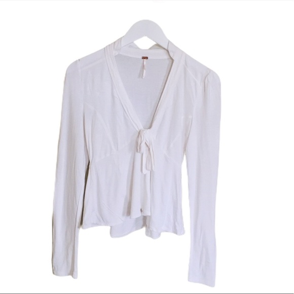 FREE PEOPLE Lois Tie Front Long Sleeve Blouse With V Cut Ivory White Size Small - Picture 5 of 11